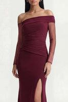 Load image into Gallery viewer, Burgundy Ruched Long Sleeves Long Mermaid Formal Dress with Slit
