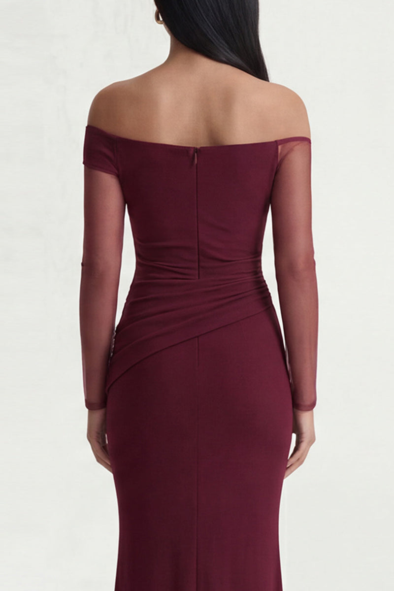 Load image into Gallery viewer, Burgundy Ruched Long Sleeves Long Mermaid Formal Dress with Slit