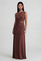Load image into Gallery viewer, Brown Mesh Ruched Round Neck Long Sheath Formal Dress