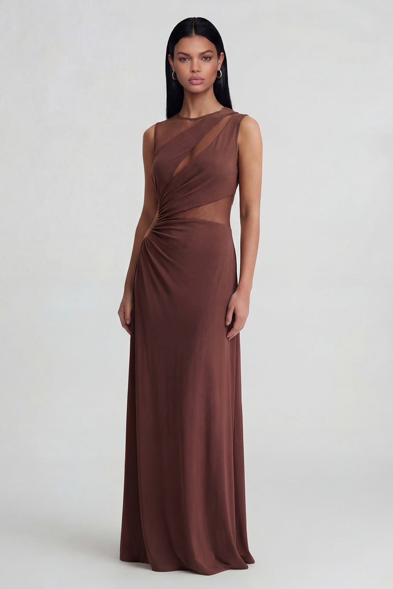 Load image into Gallery viewer, Brown Mesh Ruched Round Neck Long Sheath Formal Dress