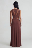 Load image into Gallery viewer, Brown Mesh Ruched Round Neck Long Sheath Formal Dress