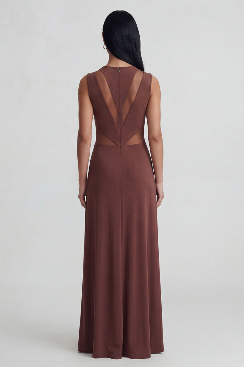 Load image into Gallery viewer, Brown Mesh Ruched Round Neck Long Sheath Formal Dress