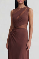 Load image into Gallery viewer, Brown Mesh Ruched Round Neck Long Sheath Formal Dress