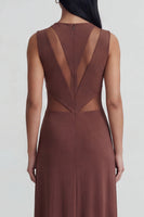 Load image into Gallery viewer, Brown Mesh Ruched Round Neck Long Sheath Formal Dress
