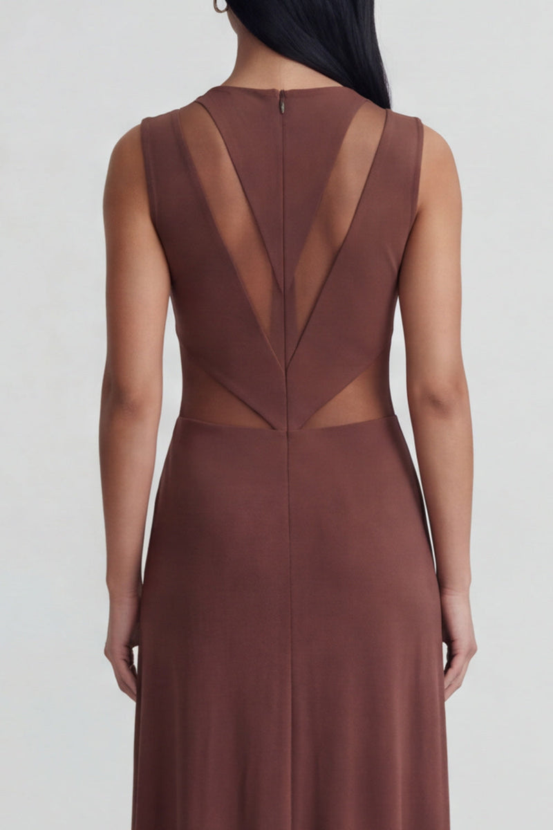 Load image into Gallery viewer, Brown Mesh Ruched Round Neck Long Sheath Formal Dress