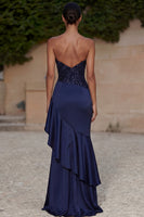 Load image into Gallery viewer, Sparkly Navy Beaded Strapless Ruffled Mermaid Long Formal Dress with Slit