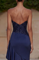 Load image into Gallery viewer, Sparkly Navy Beaded Strapless Ruffled Mermaid Long Formal Dress with Slit