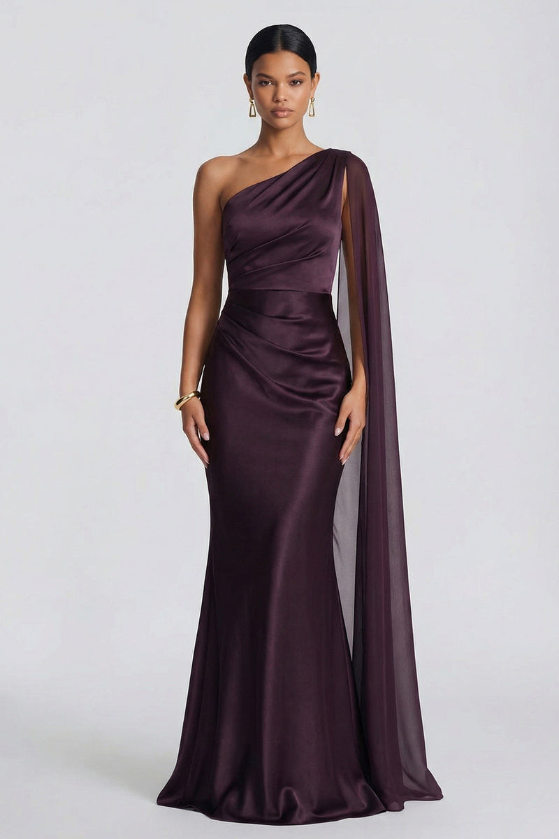 Load image into Gallery viewer, Cabernet Ruched One Shoulder Mermaid Long Formal Dress with Side Cape
