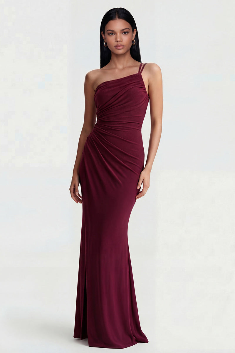 Load image into Gallery viewer, Burgundy Ruched One Shoulder Long Mermaid Formal Dress