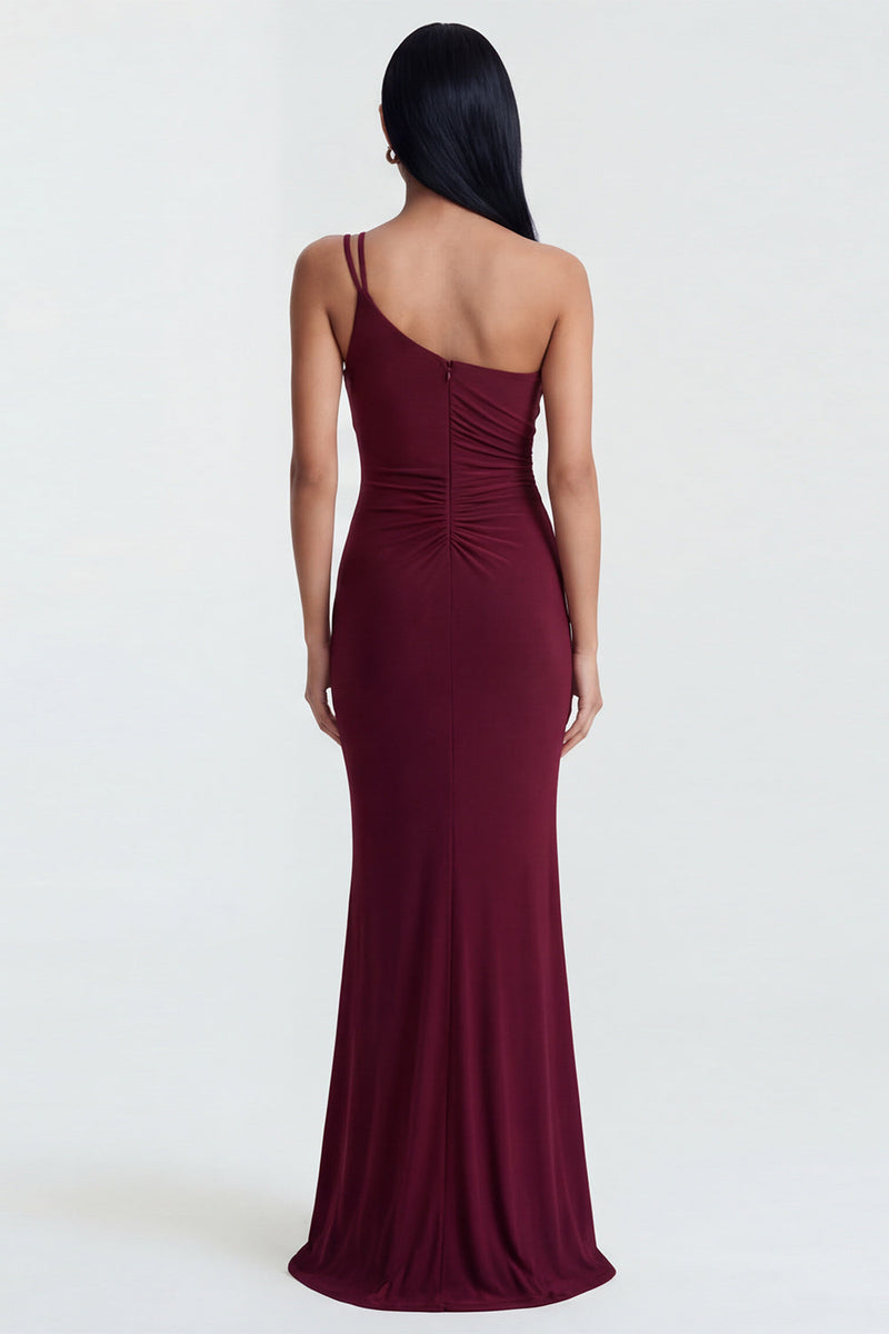 Load image into Gallery viewer, Burgundy Ruched One Shoulder Long Mermaid Formal Dress
