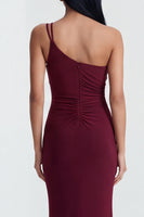Load image into Gallery viewer, Burgundy Ruched One Shoulder Long Mermaid Formal Dress