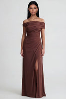 Load image into Gallery viewer, Brown Ruched Off the Shoulder Long Sheath Formal Dress with Slit