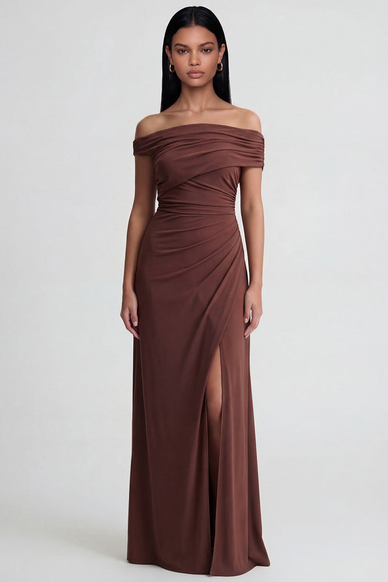 Load image into Gallery viewer, Brown Ruched Off the Shoulder Long Sheath Formal Dress with Slit