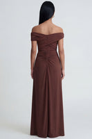 Load image into Gallery viewer, Brown Ruched Off the Shoulder Long Sheath Formal Dress with Slit