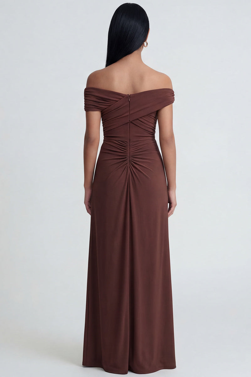 Load image into Gallery viewer, Brown Ruched Off the Shoulder Long Sheath Formal Dress with Slit