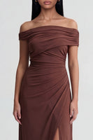 Load image into Gallery viewer, Brown Ruched Off the Shoulder Long Sheath Formal Dress with Slit