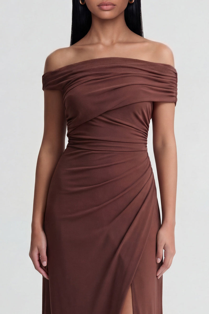 Load image into Gallery viewer, Brown Ruched Off the Shoulder Long Sheath Formal Dress with Slit