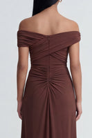 Load image into Gallery viewer, Brown Ruched Off the Shoulder Long Sheath Formal Dress with Slit