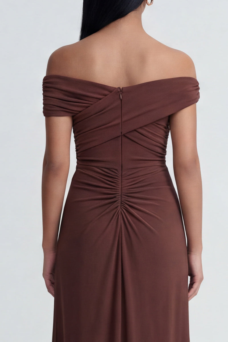Load image into Gallery viewer, Brown Ruched Off the Shoulder Long Sheath Formal Dress with Slit