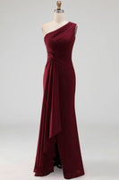 Load image into Gallery viewer, Burgundy One Shoulder Ruched Long Mermaid Formal Dress with Ruffles