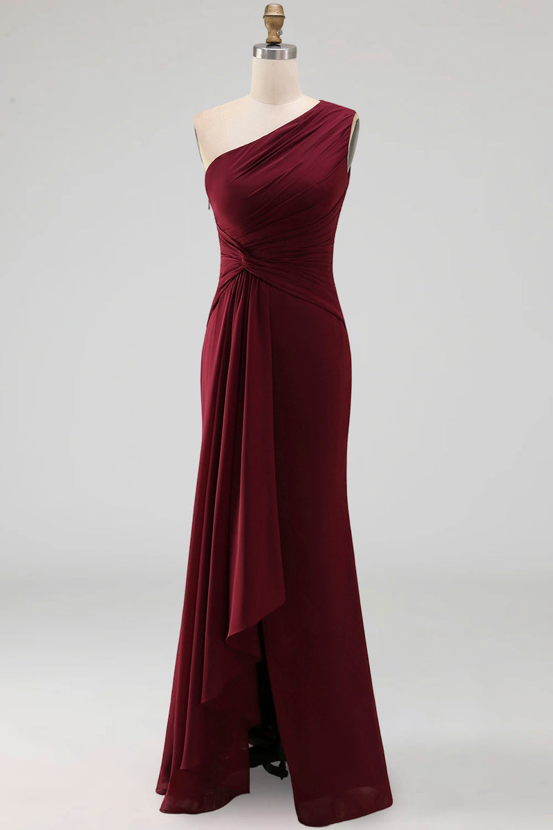Load image into Gallery viewer, Burgundy One Shoulder Ruched Long Mermaid Formal Dress with Ruffles