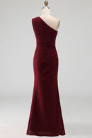 Load image into Gallery viewer, Burgundy One Shoulder Ruched Long Mermaid Formal Dress with Ruffles