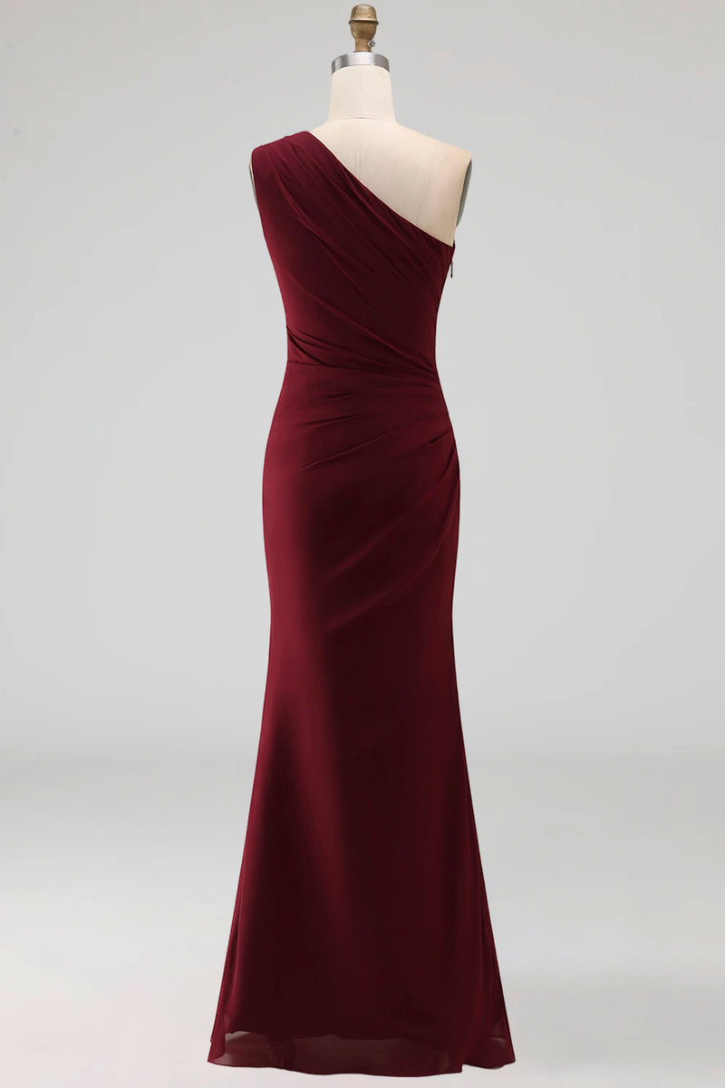 Load image into Gallery viewer, Burgundy One Shoulder Ruched Long Mermaid Formal Dress with Ruffles