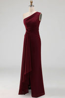 Load image into Gallery viewer, Burgundy One Shoulder Ruched Long Mermaid Formal Dress with Ruffles