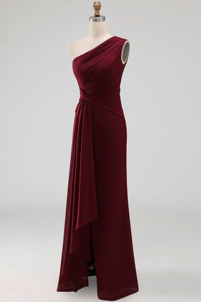 Load image into Gallery viewer, Burgundy One Shoulder Ruched Long Mermaid Formal Dress with Ruffles