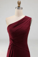 Load image into Gallery viewer, Burgundy One Shoulder Ruched Long Mermaid Formal Dress with Ruffles