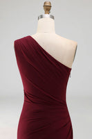 Load image into Gallery viewer, Burgundy One Shoulder Ruched Long Mermaid Formal Dress with Ruffles