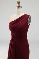 Load image into Gallery viewer, Burgundy One Shoulder Ruched Long Mermaid Formal Dress with Ruffles