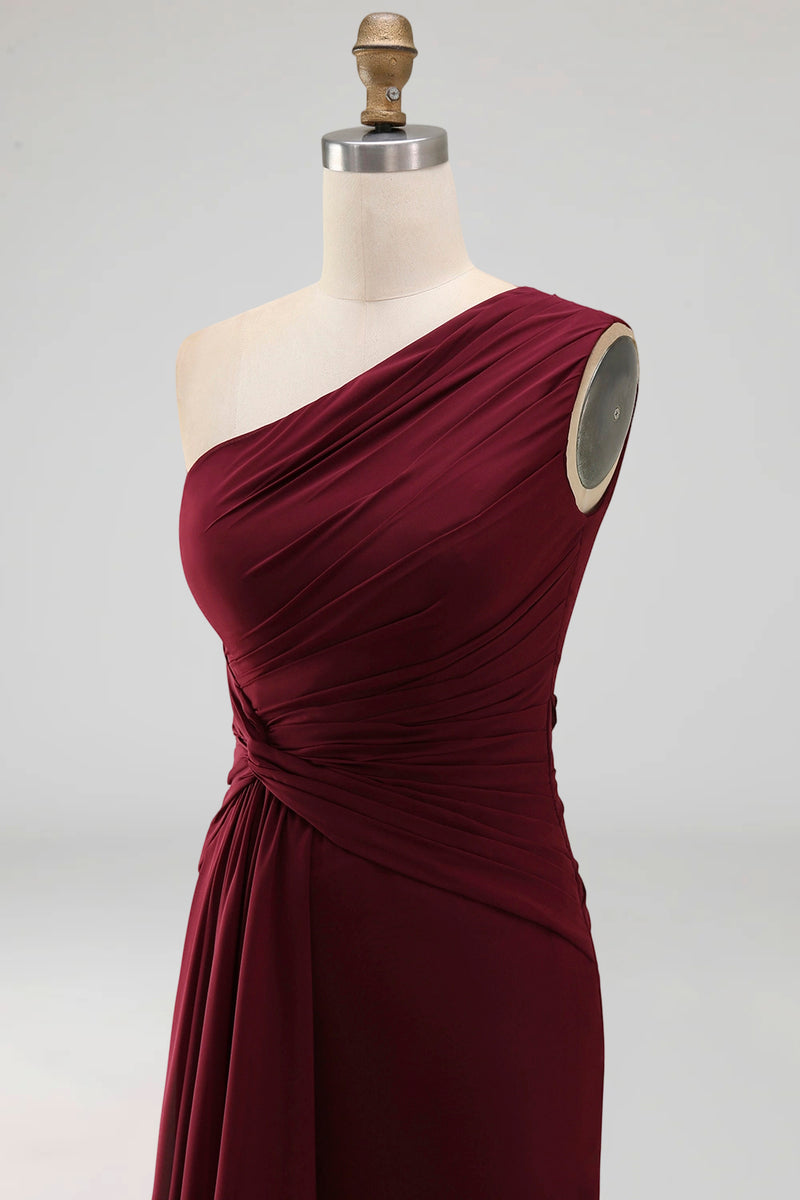 Load image into Gallery viewer, Burgundy One Shoulder Ruched Long Mermaid Formal Dress with Ruffles