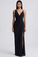 Load image into Gallery viewer, Black Ruched V-Neck Long Sheath Formal Dress with Slit