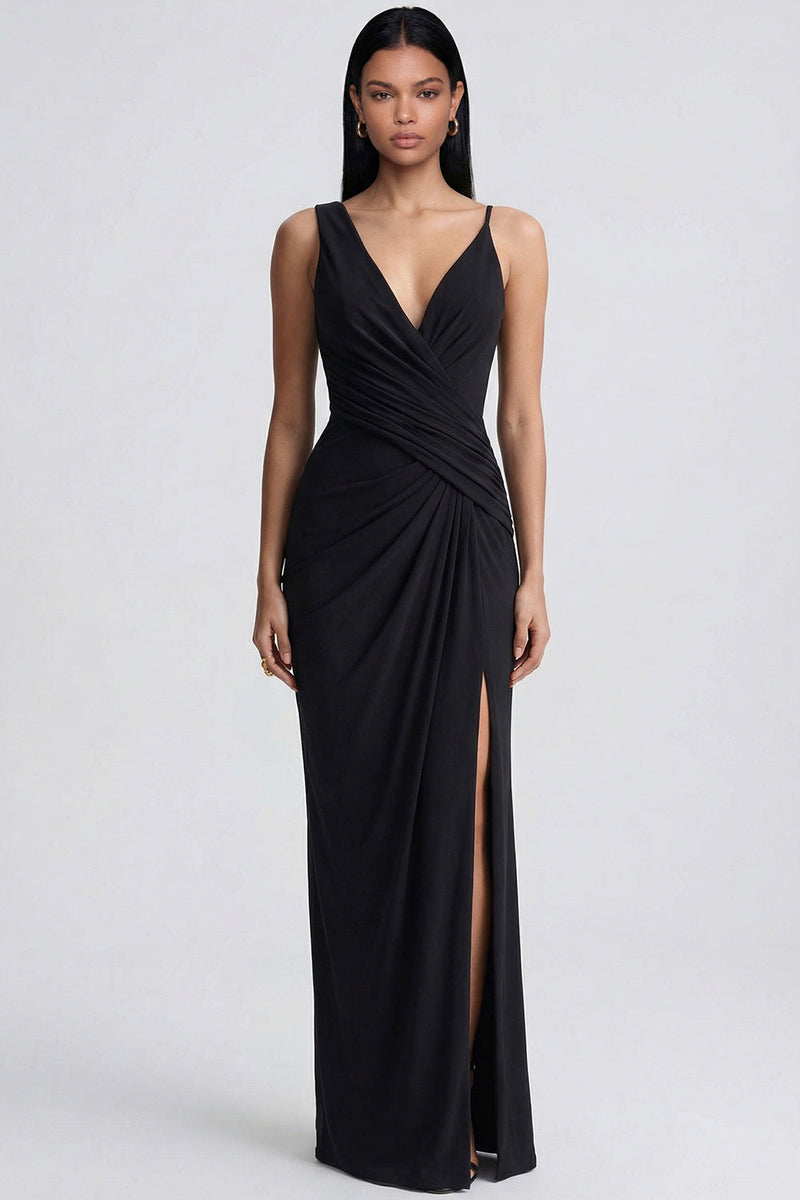 Load image into Gallery viewer, Black Ruched V-Neck Long Sheath Formal Dress with Slit