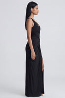 Load image into Gallery viewer, Black Ruched V-Neck Long Sheath Formal Dress with Slit