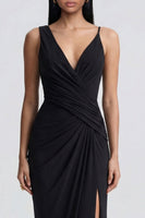 Load image into Gallery viewer, Black Ruched V-Neck Long Sheath Formal Dress with Slit
