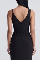 Load image into Gallery viewer, Black Ruched V-Neck Long Sheath Formal Dress with Slit