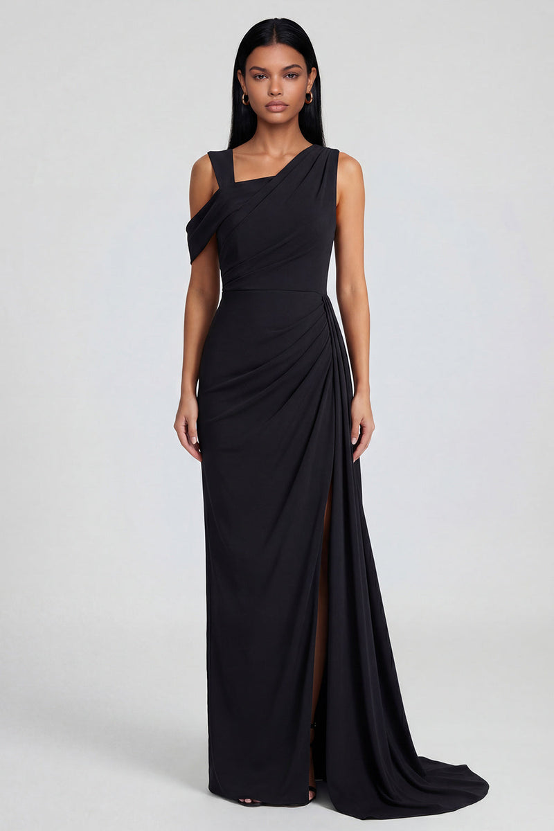 Load image into Gallery viewer, Black Ruched One Shoulder Long Sheath Formal Dress with Side Cape