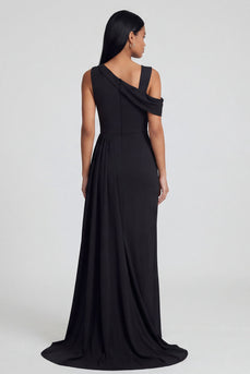 Black Ruched One Shoulder Long Sheath Formal Dress with Side Cape
