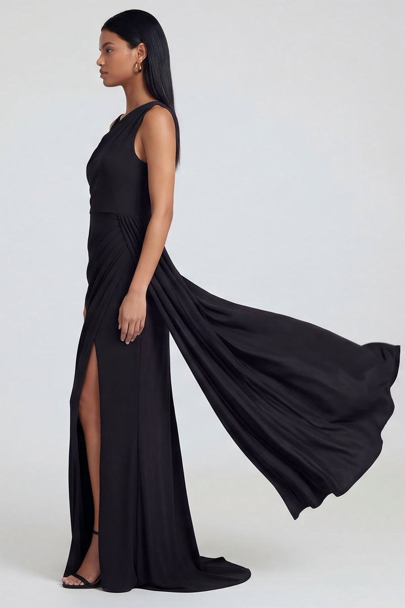 Load image into Gallery viewer, Black Ruched One Shoulder Long Sheath Formal Dress with Side Cape