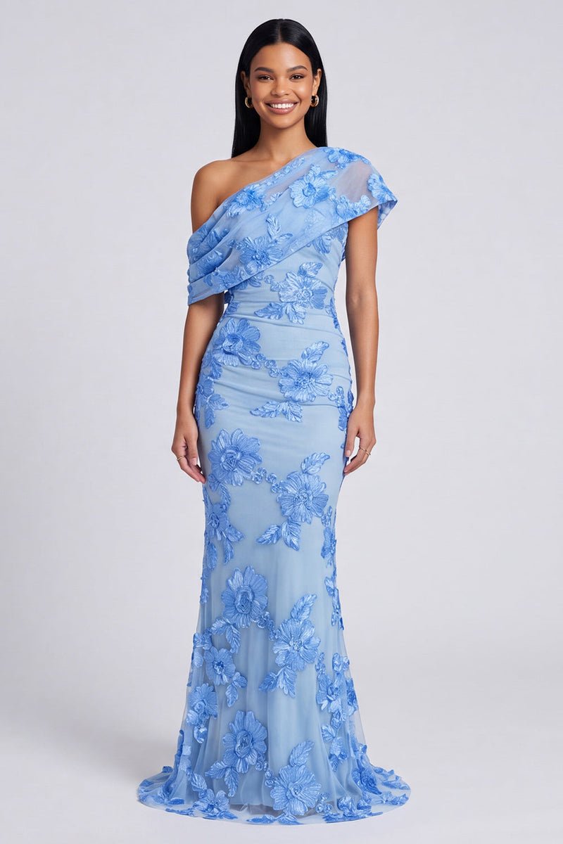 Load image into Gallery viewer, Yellow Floral Butter Ruched One Shoulder Long Mermaid Formal Dress