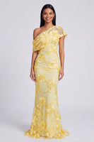 Load image into Gallery viewer, Yellow Floral Butter Ruched One Shoulder Long Mermaid Formal Dress