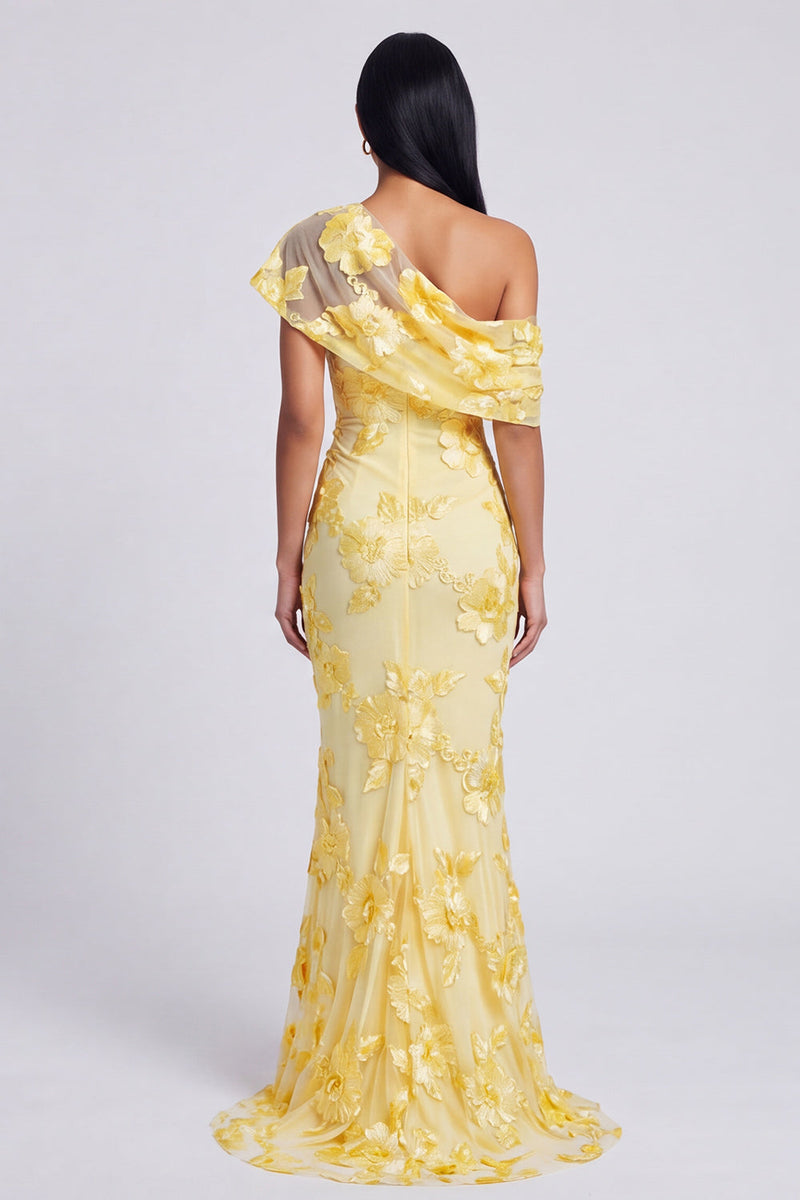 Load image into Gallery viewer, Yellow Floral Butter Ruched One Shoulder Long Mermaid Formal Dress