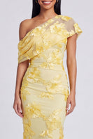 Load image into Gallery viewer, Yellow Floral Butter Ruched One Shoulder Long Mermaid Formal Dress