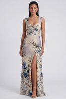 Load image into Gallery viewer, Ivory Ruched Floral Long Mermaid Formal Dress with Slit