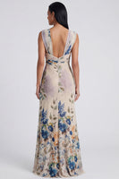Load image into Gallery viewer, Ivory Ruched Floral Long Mermaid Formal Dress with Slit