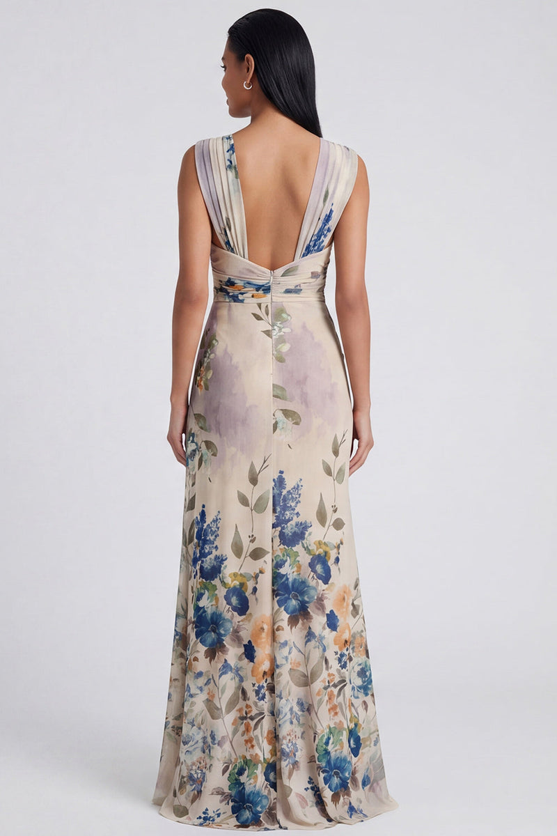 Load image into Gallery viewer, Ivory Ruched Floral Long Mermaid Formal Dress with Slit