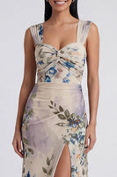 Load image into Gallery viewer, Ivory Ruched Floral Long Mermaid Formal Dress with Slit