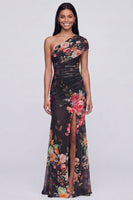 Load image into Gallery viewer, Champagne Floral One Shoulder Ruched Long Mermaid Formal Dress with Slit